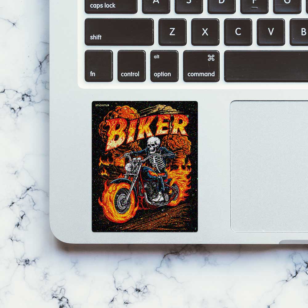 Flaming Skeleton Biker Glitter Sticker