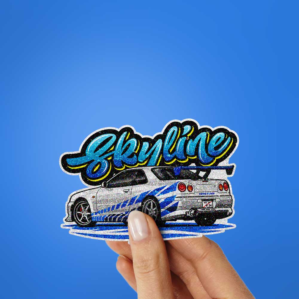 Blue White Sports Car Rear Glitter Sticker