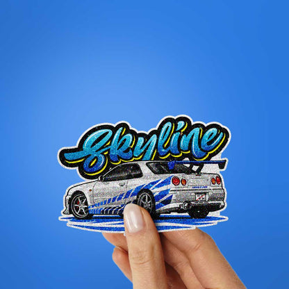 Blue White Sports Car Rear Glitter Sticker