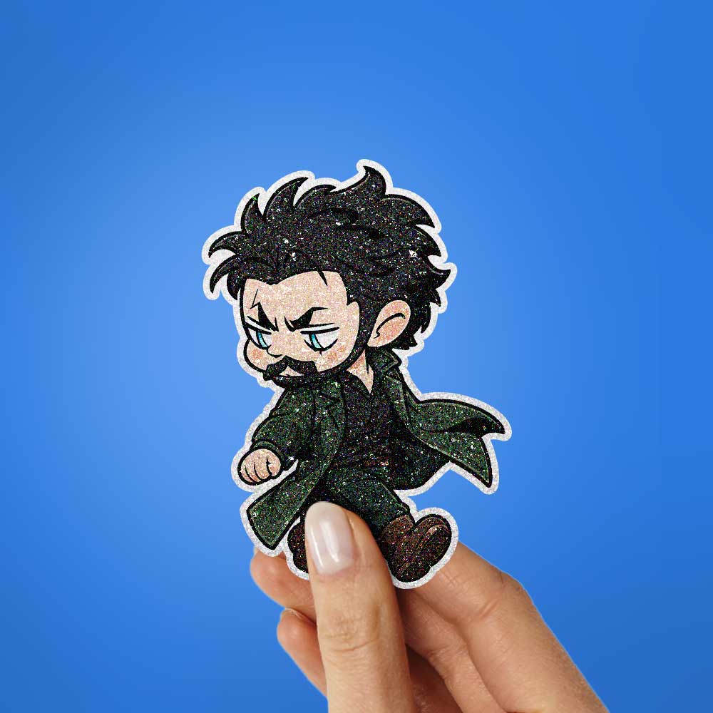 Chibi Green Coat Walker Glitter Sticker