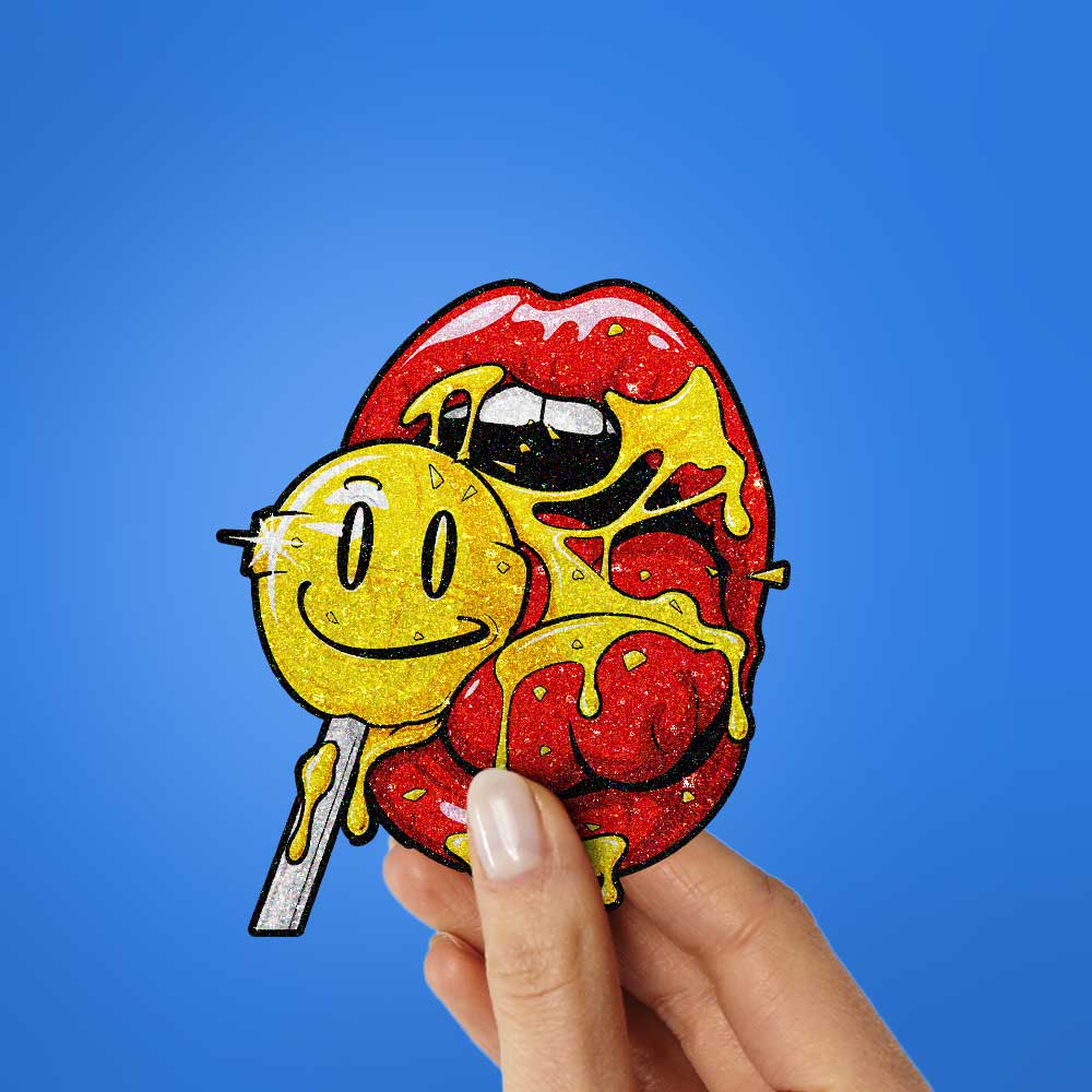 Dripping Lips Skull Lollipop Glitter Sticker