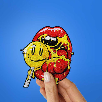 Dripping Lips Skull Lollipop Glitter Sticker