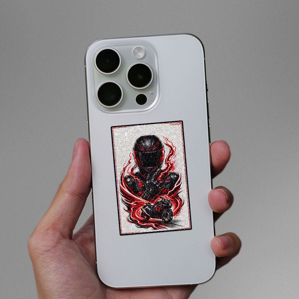 Fiery Flame Moto Rider Glitter Sticker