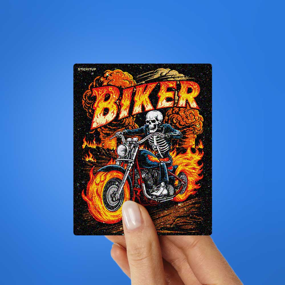 Flaming Skeleton Biker Glitter Sticker