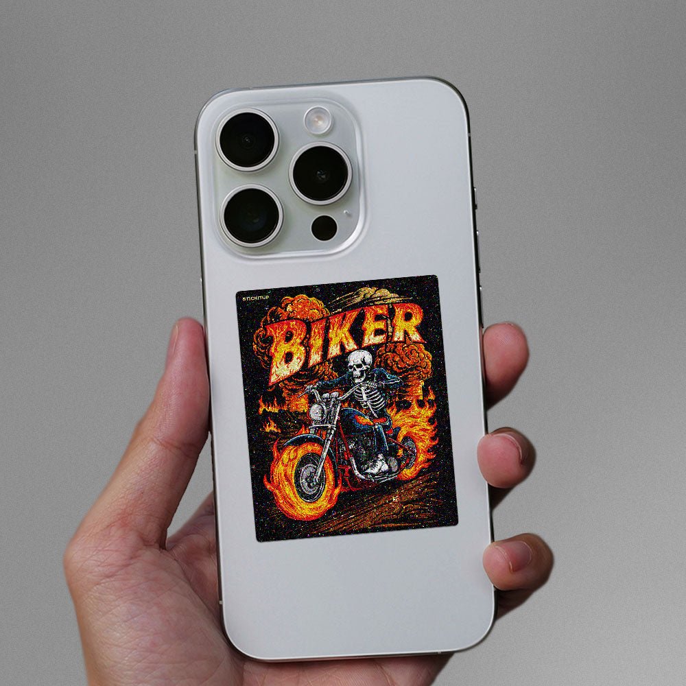 Flaming Skeleton Biker Glitter Sticker