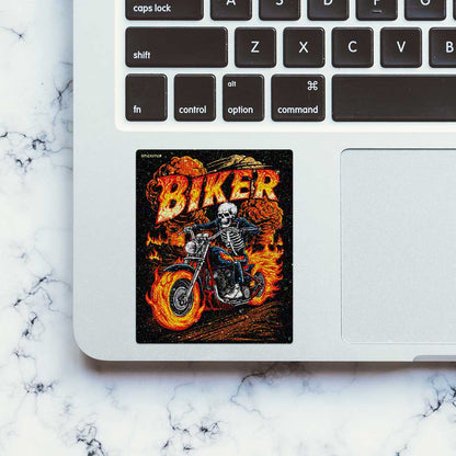 Flaming Skeleton Biker Glitter Sticker