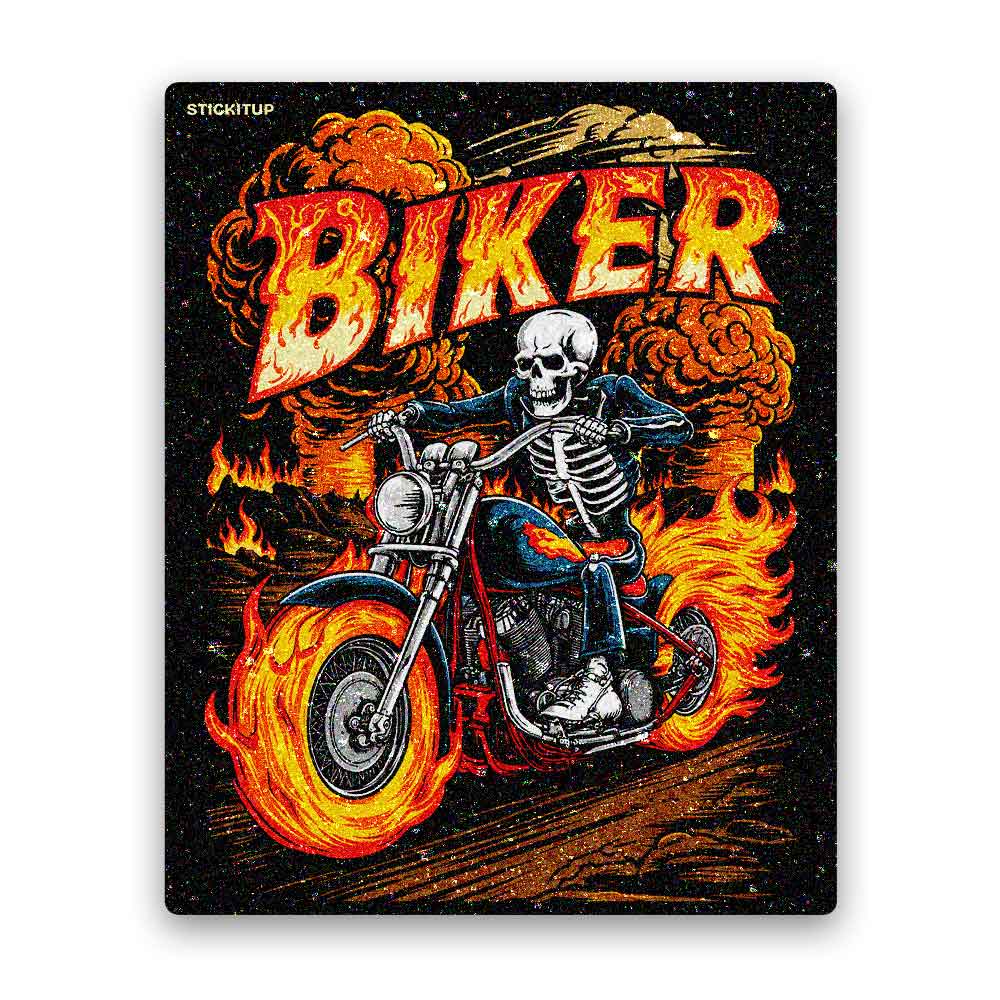 Flaming Skeleton Biker Glitter Sticker