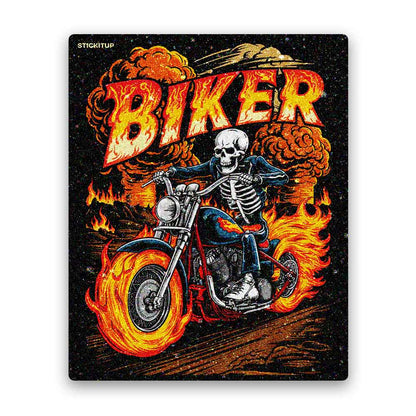 Flaming Skeleton Biker Glitter Sticker
