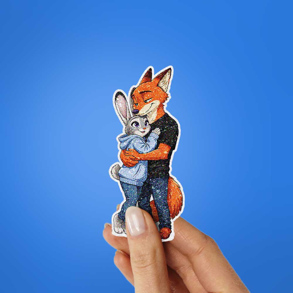 Fox and Bunny Hug Glitter Sticker