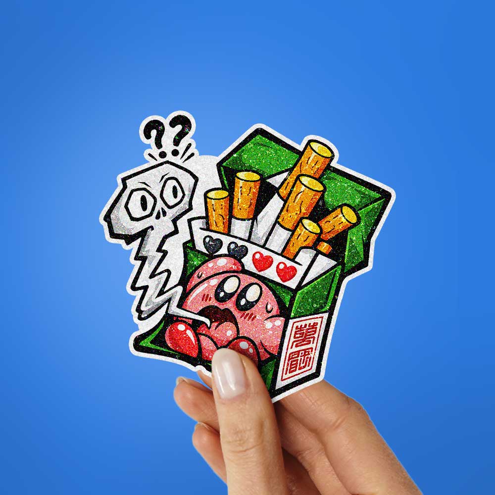 Round Pink Puff Pack Glitter Sticker