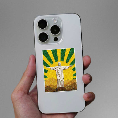Statue on Mountain Sunburst Glitter Sticker