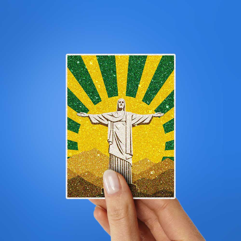 Statue on Mountain Sunburst Glitter Sticker