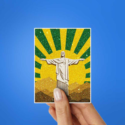 Statue on Mountain Sunburst Glitter Sticker