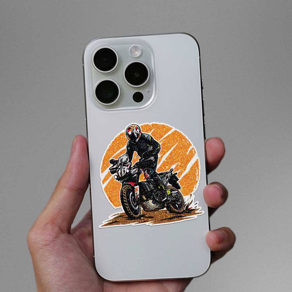 Sunset Motorcycle Rider Glitter Sticker